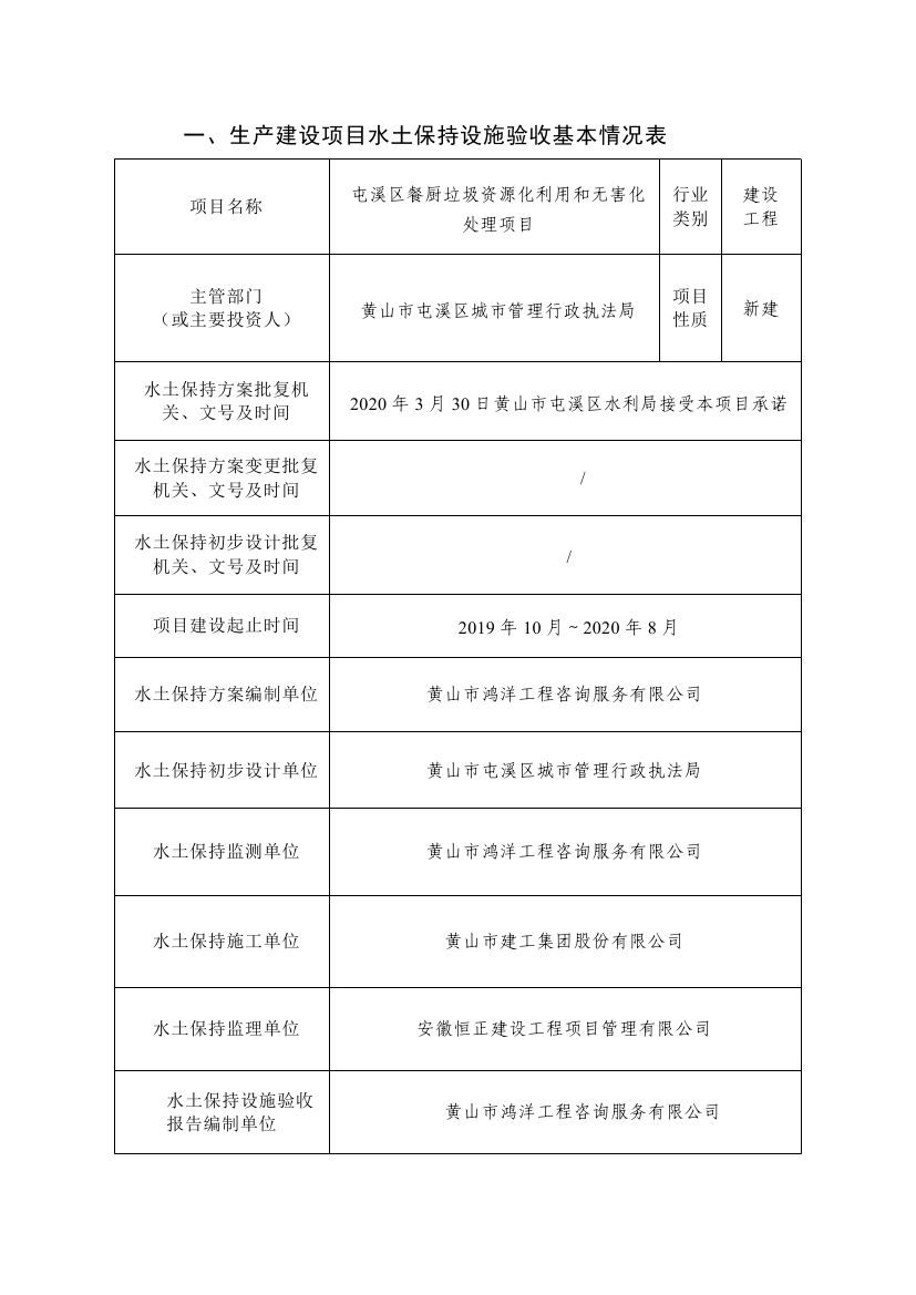 屯溪區餐廚垃圾資源化利用和無害化處理項目水土保持設施驗收鑒定書